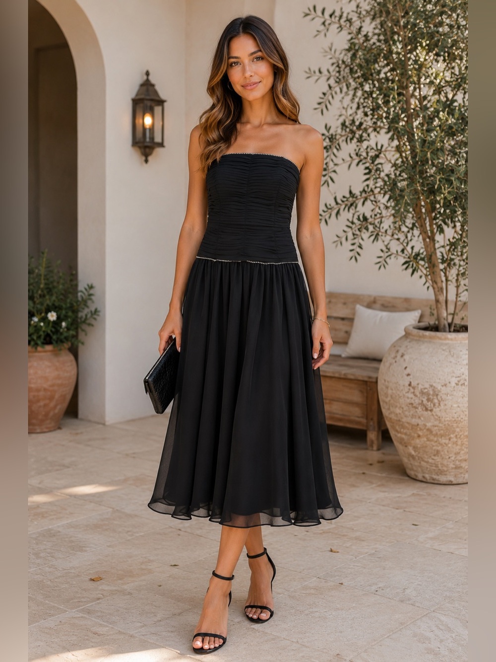 A.J. Bari Black Strapless Ruched Bodice Midi Dress